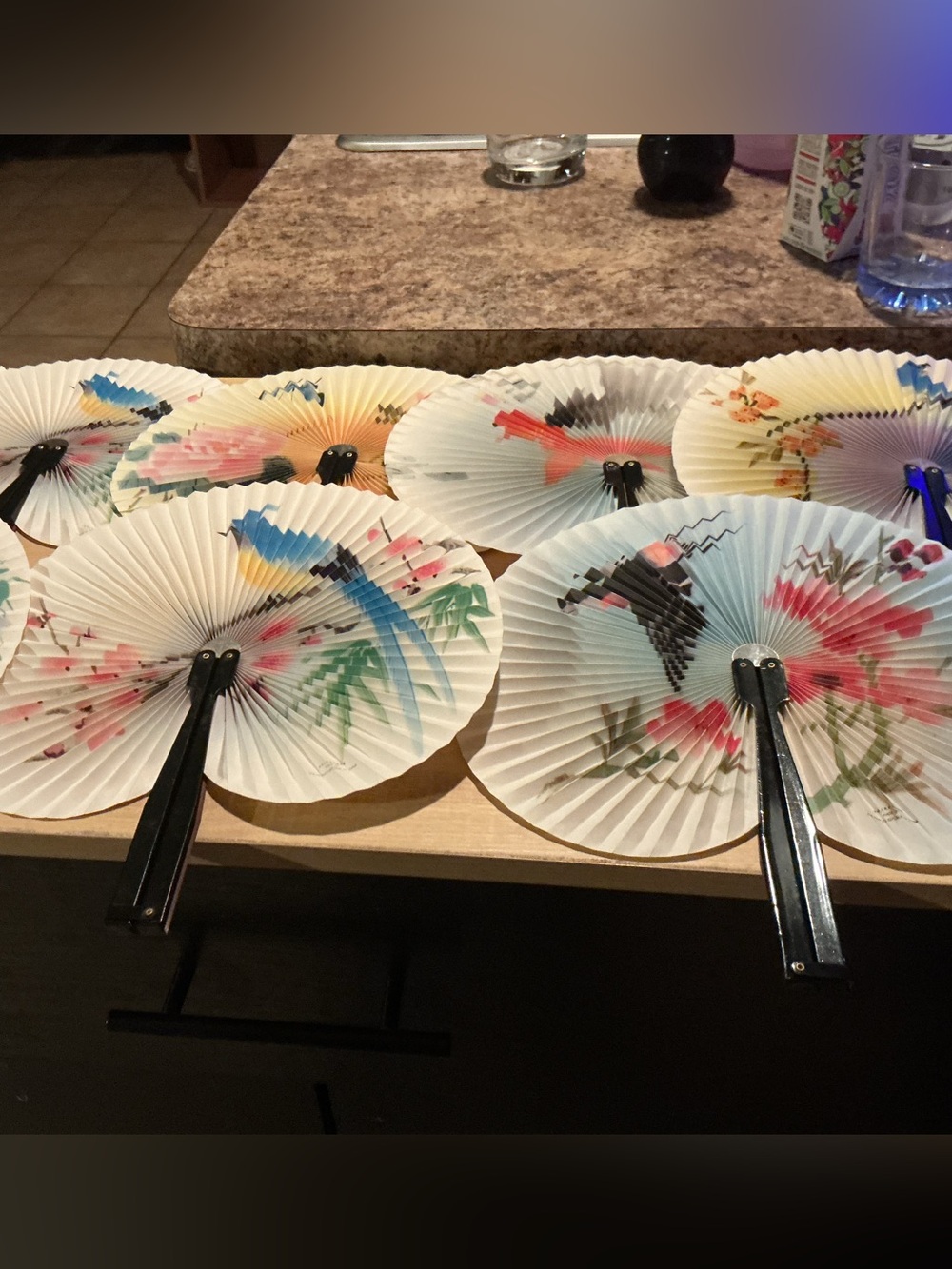 Vintage Folding Hand Fans Asian-Style Floral Painted Paper & Black Handles